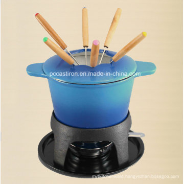 Enamel Cast Iron Cheese Fondue Set with 6 Forks